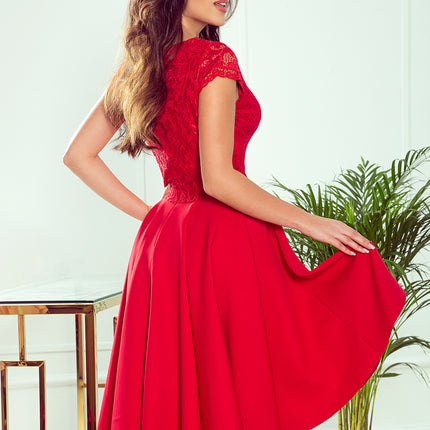 300-2 PATRICIA - dress with longer back with lace neckline - Red