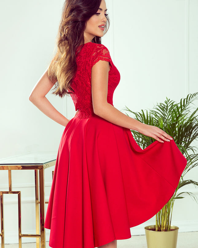 300-2 PATRICIA - dress with longer back with lace neckline - Red