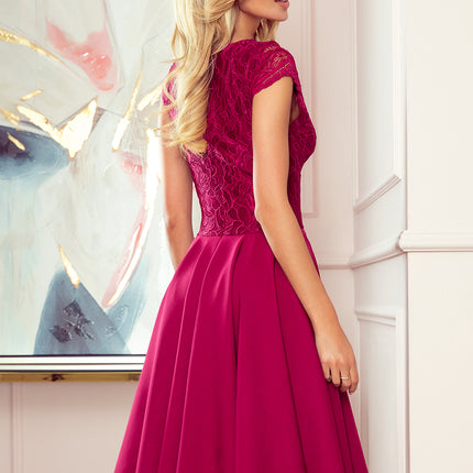 300-4 PATRICIA - dress with longer back with lace neckline - Burgundy color