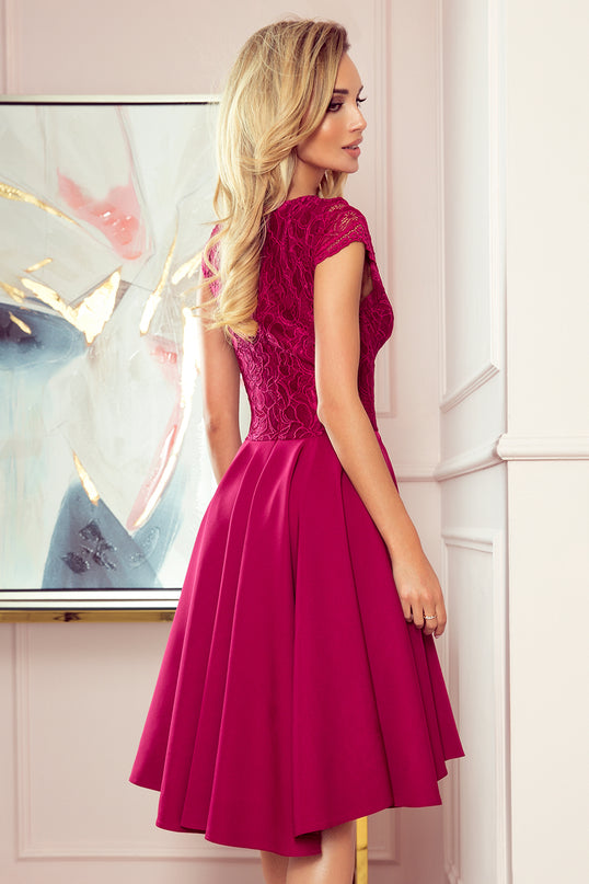 300-4 PATRICIA - dress with longer back with lace neckline - Burgundy color
