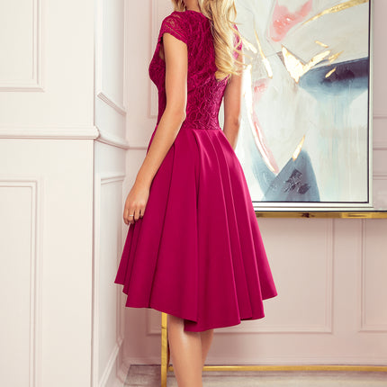 300-4 PATRICIA - dress with longer back with lace neckline - Burgundy color