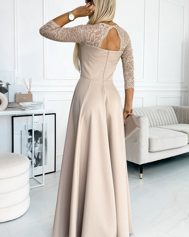 309-10 AMBER lace, elegant long dress with a neckline and leg slit - beige