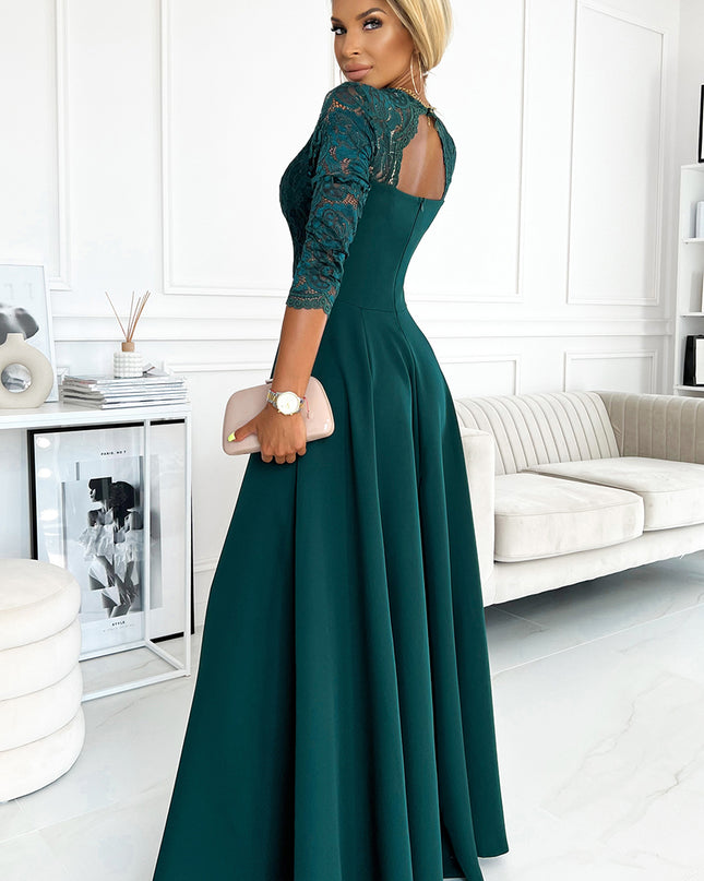 309-5 AMBER elegant lace long dress with a neckline - green