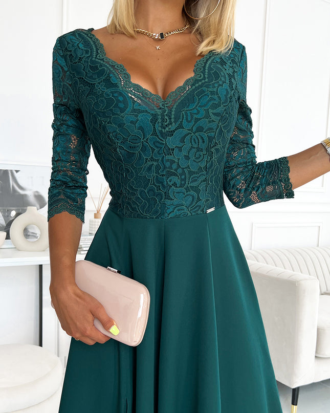 309-5 AMBER elegant lace long dress with a neckline - green