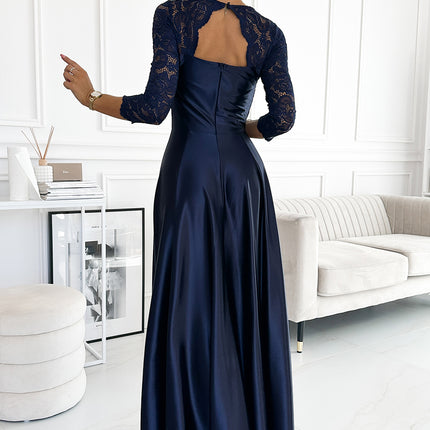 309-7 AMBER lace long satin dress with a neckline - dark blue