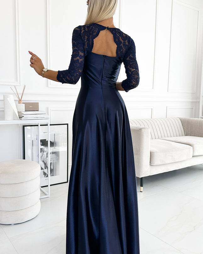 309-7 AMBER lace long satin dress with a neckline - dark blue