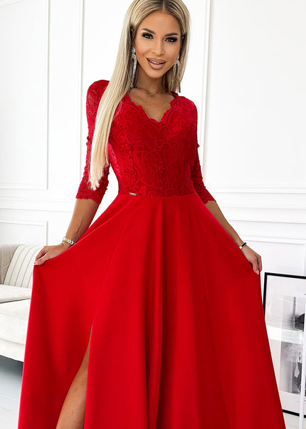 309-8 AMBER lace, elegant long dress with a neckline and leg slit - red