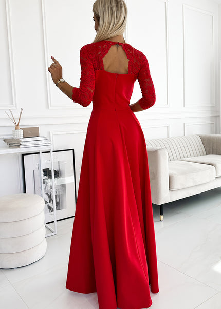 309-8 AMBER lace, elegant long dress with a neckline and leg slit - red