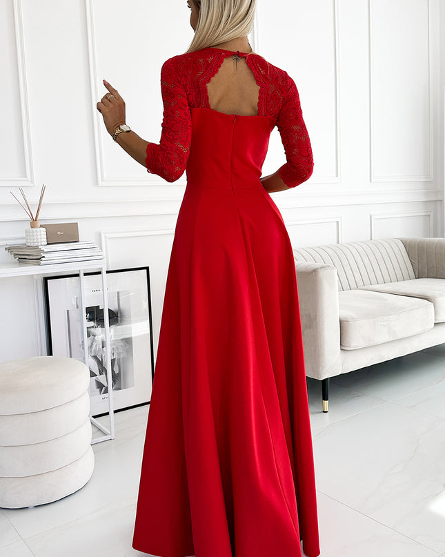 309-8 AMBER lace, elegant long dress with a neckline and leg slit - red