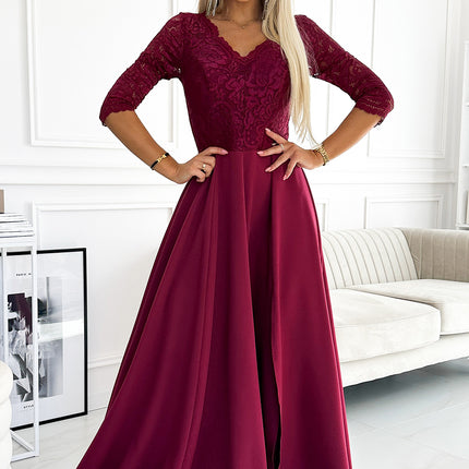 309-9 AMBER elegant long maxi dress with lace neckline - burgundy