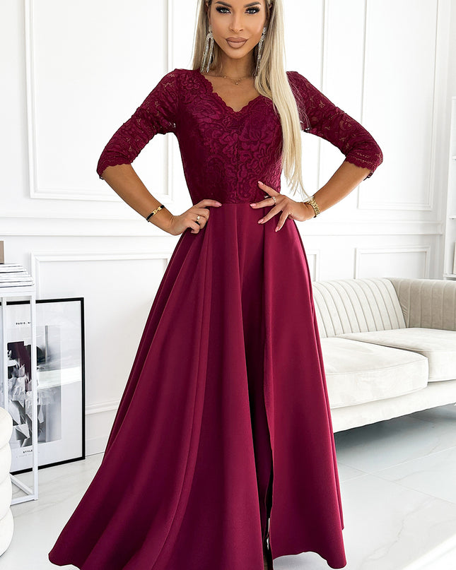 309-9 AMBER elegant long maxi dress with lace neckline - burgundy