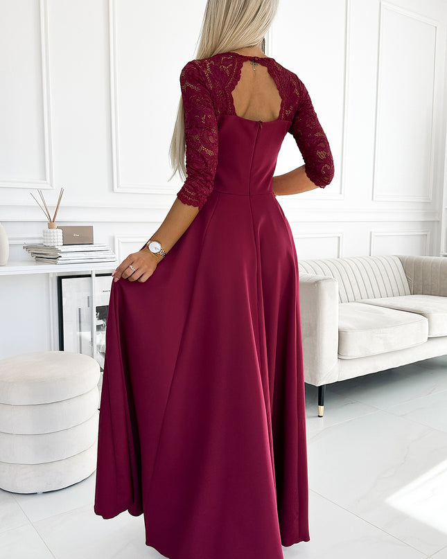 309-9 AMBER elegant long maxi dress with lace neckline - burgundy
