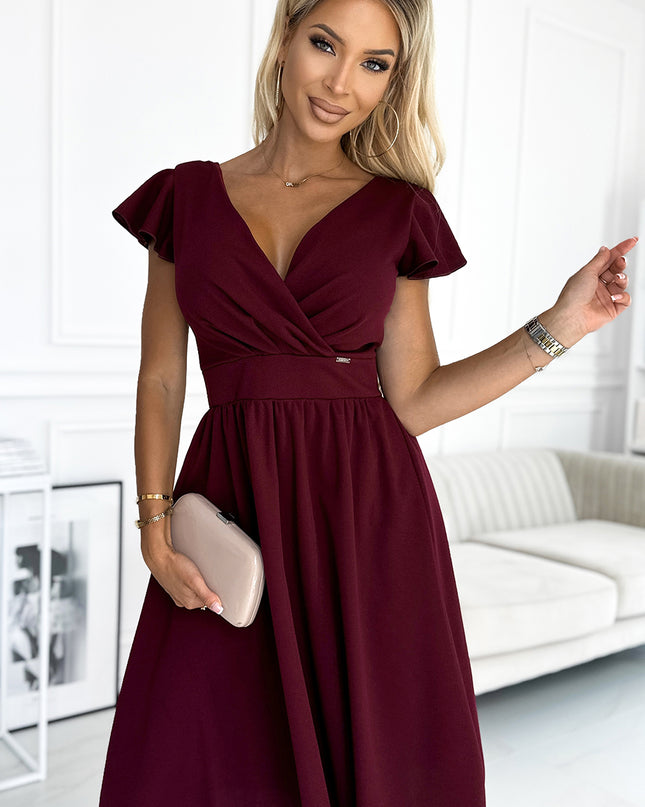 425-4 MATILDE Dress with a neckline and short sleeves - Burgundy color