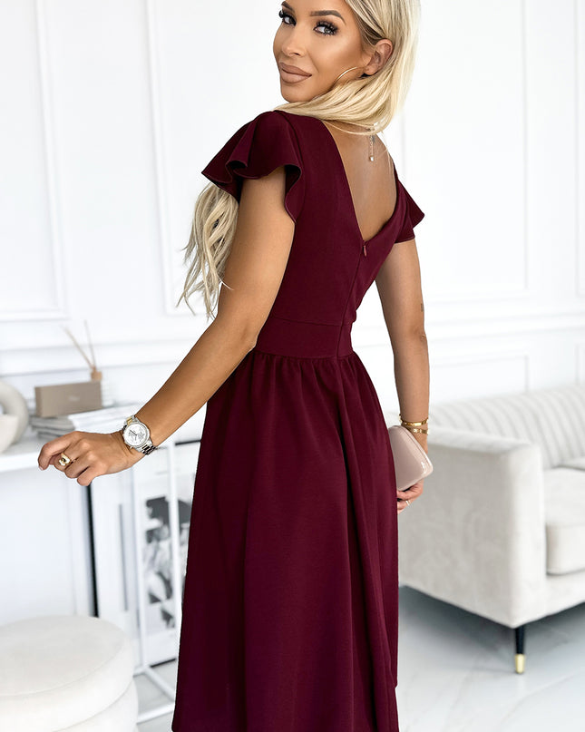 425-4 MATILDE Dress with a neckline and short sleeves - Burgundy color