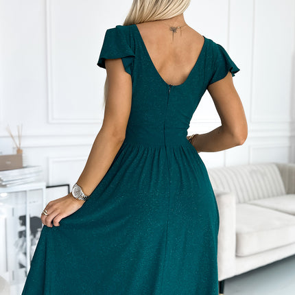 425-6 MATILDE Dress with a neckline and short sleeves - green with glitter