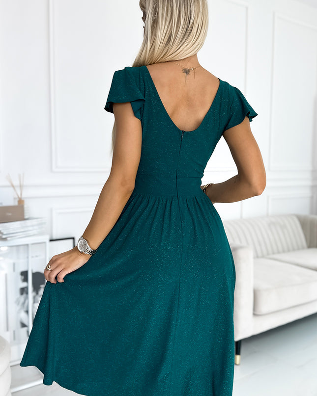425-6 MATILDE Dress with a neckline and short sleeves - green with glitter