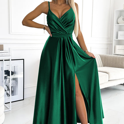 512-1 JULIET - Elegant Long Green Satin Dress With a Neckline