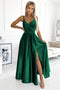 512-1 JULIET - Elegant Long Green Satin Dress With a Neckline