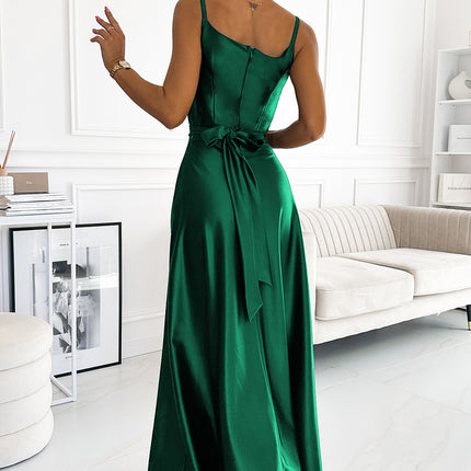 512-1 JULIET - Elegant Long Green Satin Dress With a Neckline