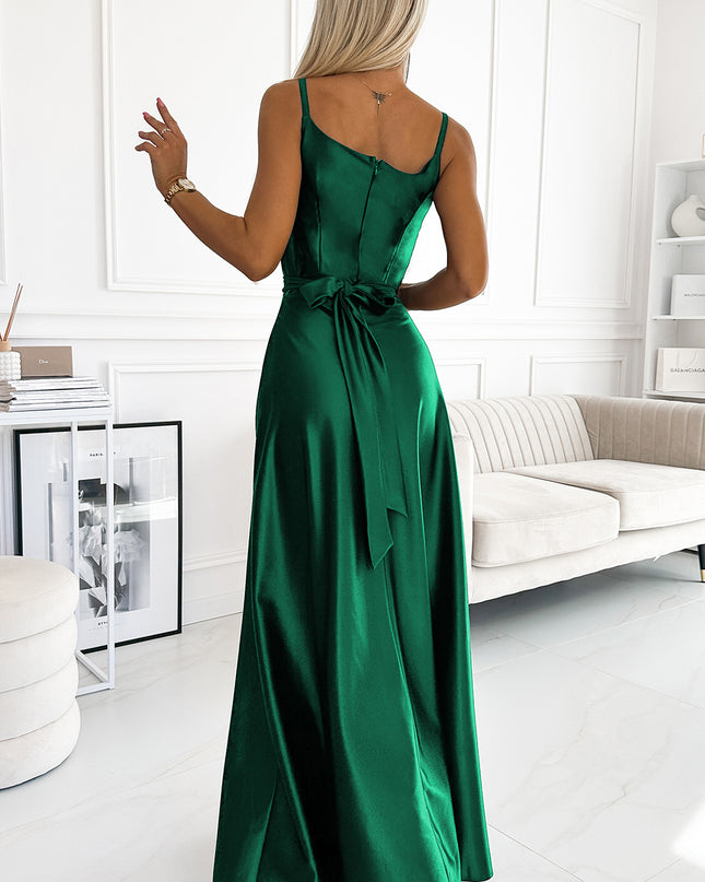 512-1 JULIET - Elegant Long Green Satin Dress With a Neckline