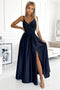 512-2 JULIET Elegant Navy Blue Long Satin Dress With A Neckline