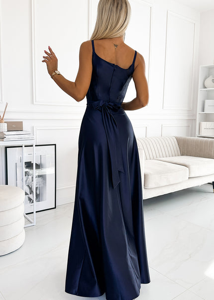 512-2 JULIET Elegant Navy Blue Long Satin Dress With A Neckline