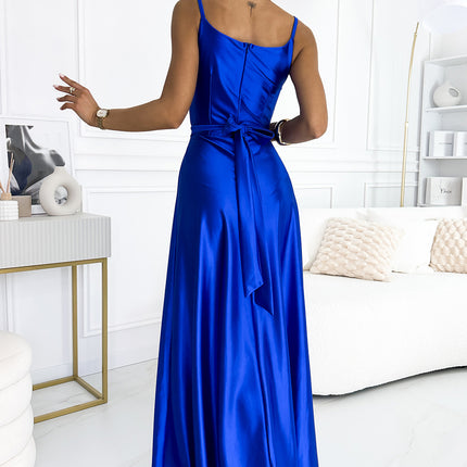 512-4 JULIET elegant long satin dress with a neckline and leg slit - royal blue