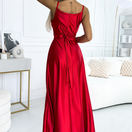 512-5 JULIET elegant long satin dress with a neckline and leg slit - red