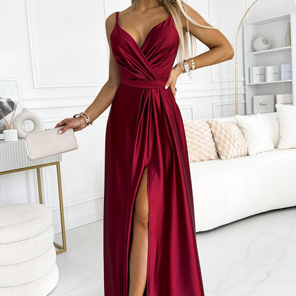 512-6 JULIET - Elegant Long Burgundy Satin Dress With A Neckline And Leg Slit