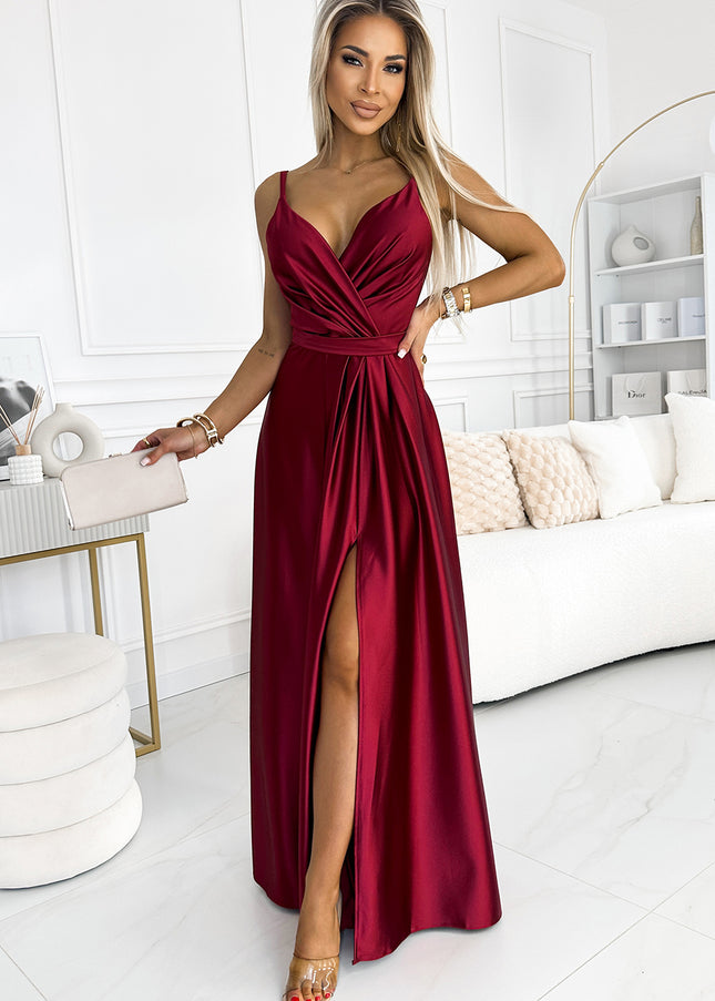 512-6 JULIET - Elegant Long Burgundy Satin Dress With A Neckline And Leg Slit