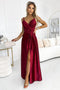 512-6 JULIET - Elegant Long Burgundy Satin Dress With A Neckline And Leg Slit