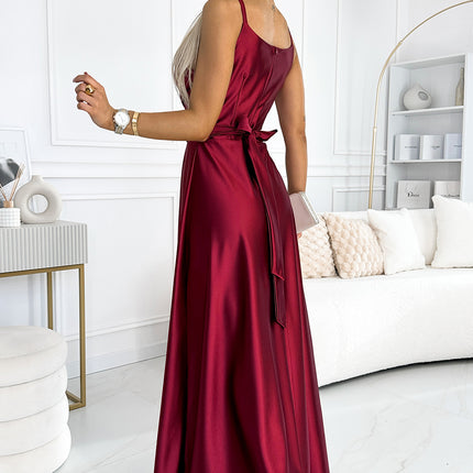 512-6 JULIET - Elegant Long Burgundy Satin Dress With A Neckline And Leg Slit